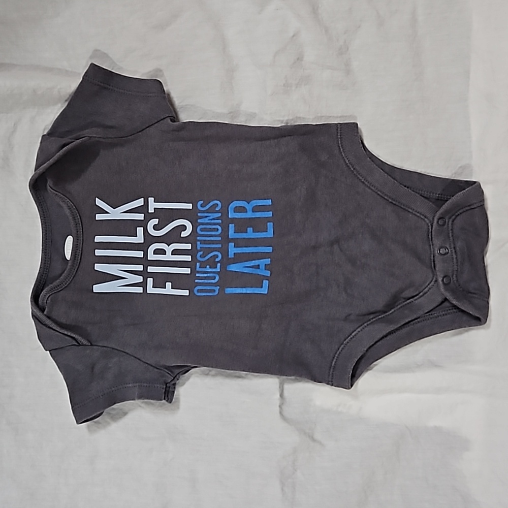 5 for $15!! Baby Boys Old Navy "Milk First Questions Later" Funny Gray Bodysuit